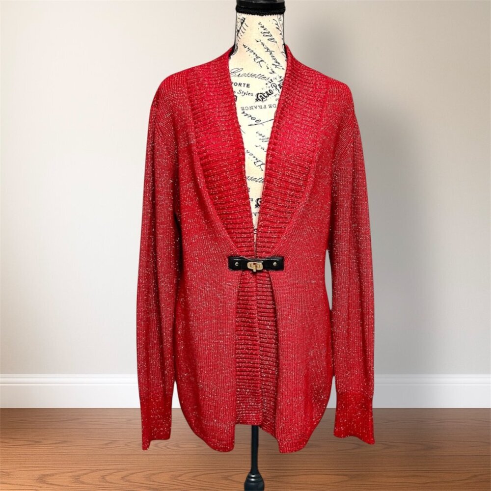Calvin Klein Size L Red Gold Metallic Cardigan Clip Front Sparkle Festive‎ Party